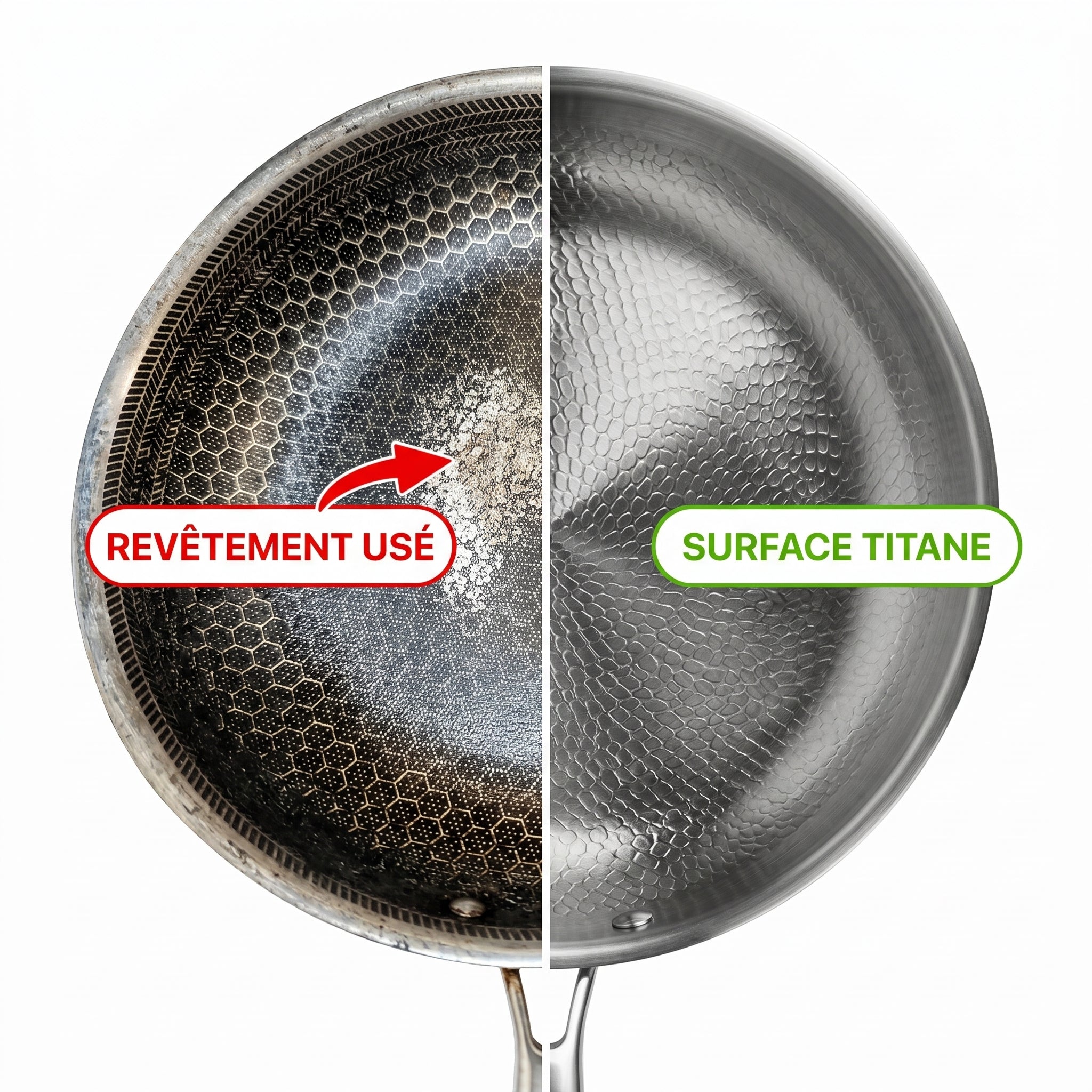 Comparaison directe : revêtement antiadhésif usé vs surface titane TitaneX